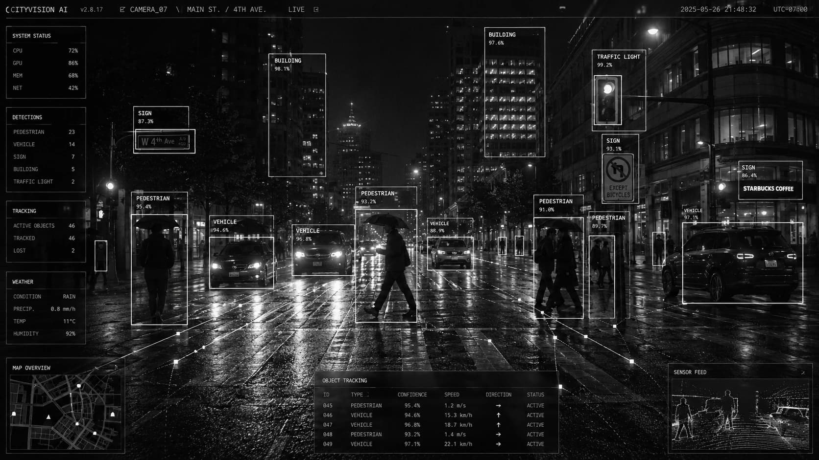 CityVision AI 라이브 객체 인식 — 비 내리는 도심 거리에서 보행자·차량·건물·표지판이 실시간 추적되는 화면